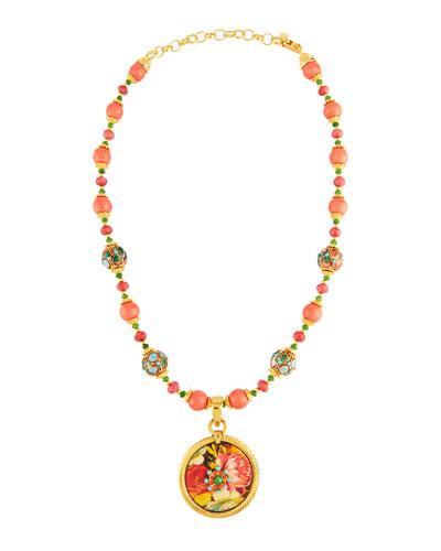 Cloisonn&eacute; Beaded Necklace W/ Floral D&eacute;coupage Pendant