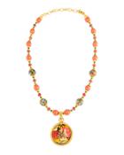 Cloisonn&eacute; Beaded Necklace W/ Floral D&eacute;coupage Pendant