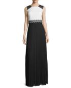Sleeveless Crepe & Pleated Chiffon Gown, Black/white