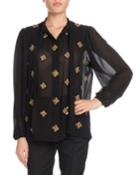 Tie-neck Long-sleeve Embroidered