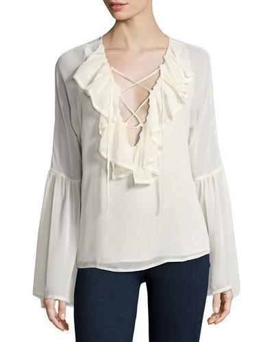 Long-sleeve Lace-up Ruffled Blouse