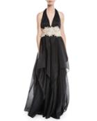 Organza Halter Gown W/ Embroidered Waist
