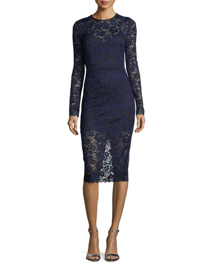 Jewel-neck Long-sleeve Corded Lace Cocktail Dress