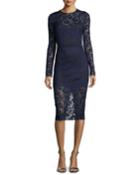 Jewel-neck Long-sleeve Corded Lace Cocktail Dress