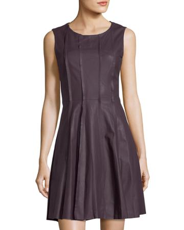 Sleeveless Leather & Jersey Combo Dress, Dark Red