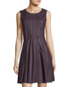 Sleeveless Leather & Jersey Combo Dress, Dark Red