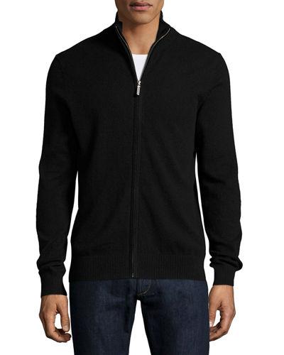 Cashmere Front-zip Mock-neck Sweater Cardigan,