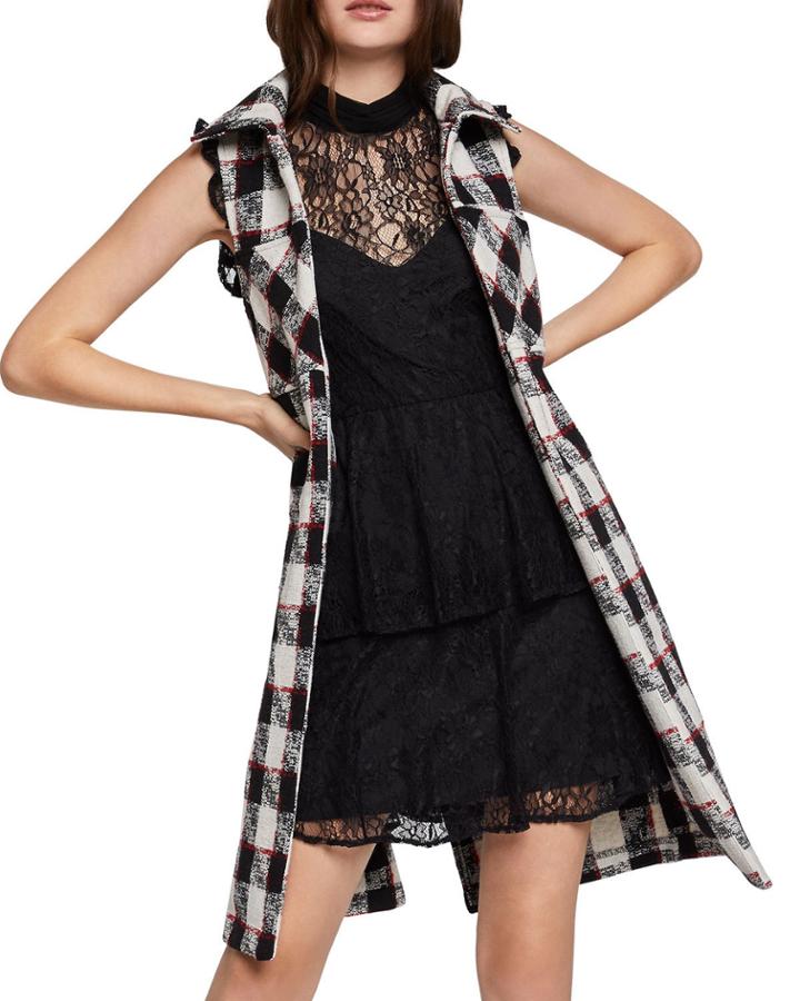 Banded Check Pattern Open-front Vest