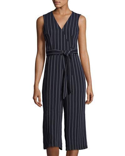 Striped Sleeveless Belted Culotte Jumpsuit, Navy