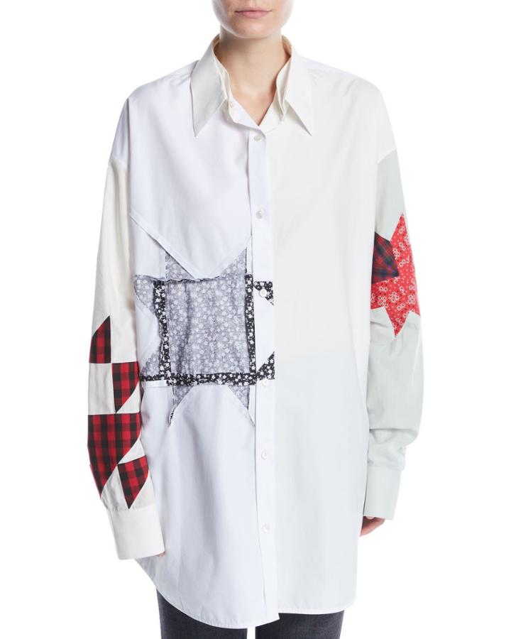 Long-sleeve Button-front Patchwork Tunic
