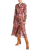Jane Mythical Print Button-front Long-sleeve Belted Silk