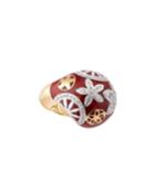 18k Gold Domed Enamel Ring W/ Diamond Pave, Red,