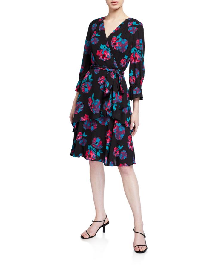 Floral Faux Wrap Tiered Dress