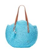 Circular Woven Straw Shoulder Bag, Turquoise