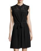 Sleeveless Lace-yoke Tie-front Dress, Black