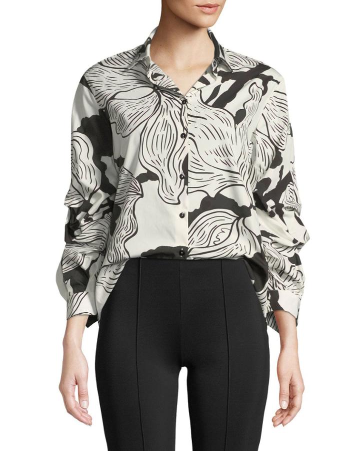 Ruched-sleeve Printed Button-front