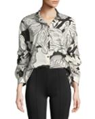 Ruched-sleeve Printed Button-front