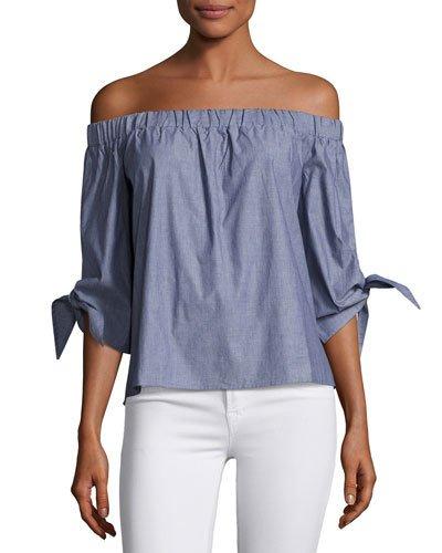Off-the-shoulder Cotton Blouse, Blue