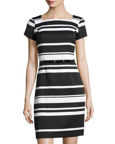 Striped Belted Piqu&eacute; Dress, Black/white