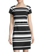 Striped Belted Piqu&eacute; Dress, Black/white