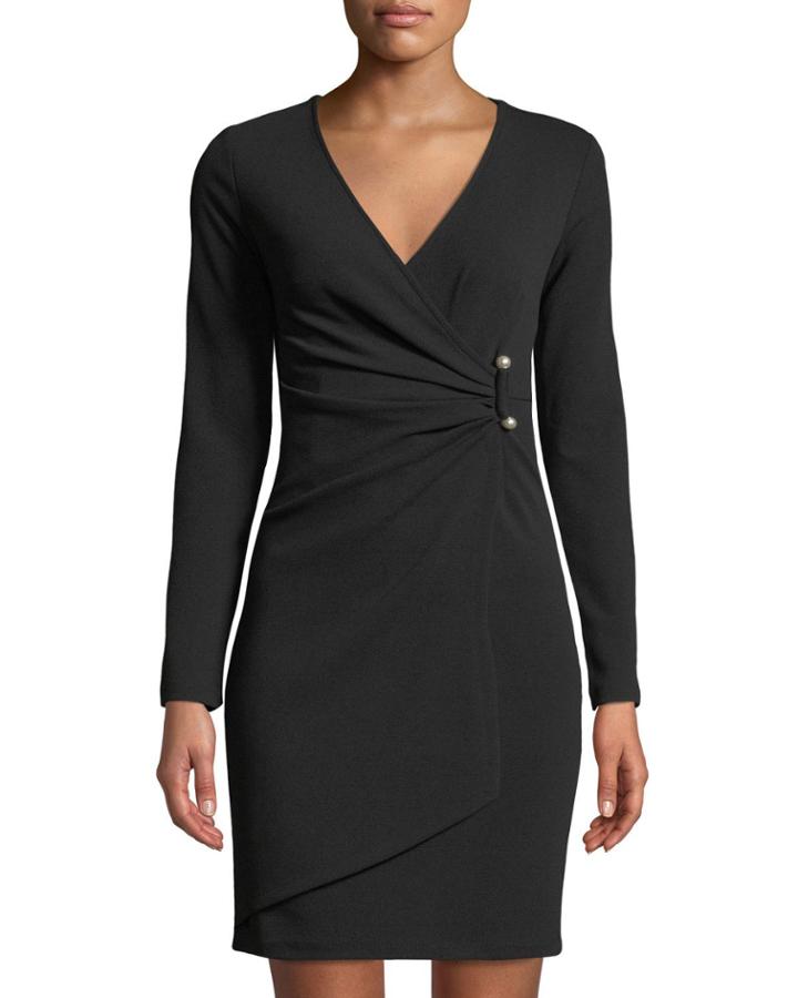 Long-sleeve Crepe Faux-wrap Dress