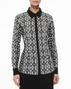 Graphic Floral Mixed-print Blouse, Black/white