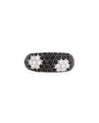 18k Flower Ring W/ Black Sapphires & White Diamonds,