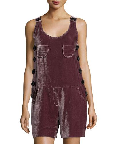 Beaded Velvet Sleeveless Short Jumpsuit, Purple