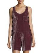 Beaded Velvet Sleeveless Short Jumpsuit, Purple
