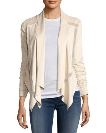 Perforated Faux-suede Open-front Jacket, Cream