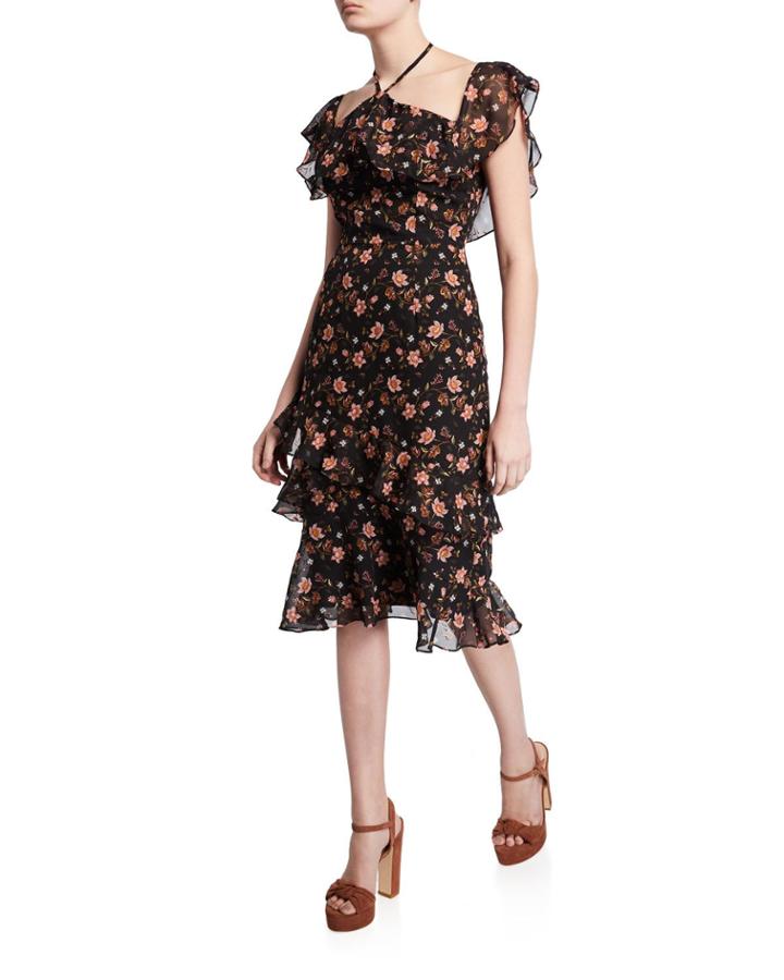 Floral-print Tiered Ruffle Off-the-shoulder