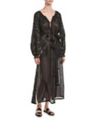 Mina Split-neck Long-sleeve Embroidered Linen Dress W/ Insets