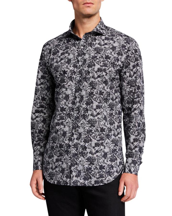 Men's Shaped-fit Floral-over-plaid