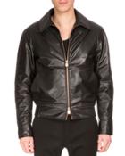 Zip-front Leather Jacket W/embroidered Back, Black