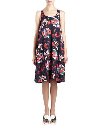 Sleeveless Floral Silk Georgette Shift Dress, Red/multicolor