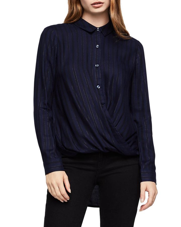 Metallic Stripe Button-down Wrap-hem Top