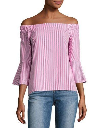 Off-the-shoulder Plaid Blouse, Pink/white