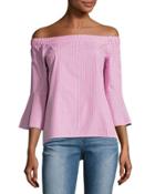 Off-the-shoulder Plaid Blouse, Pink/white