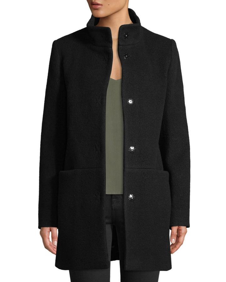Snap-button Wool-blend Walking Coat, Black