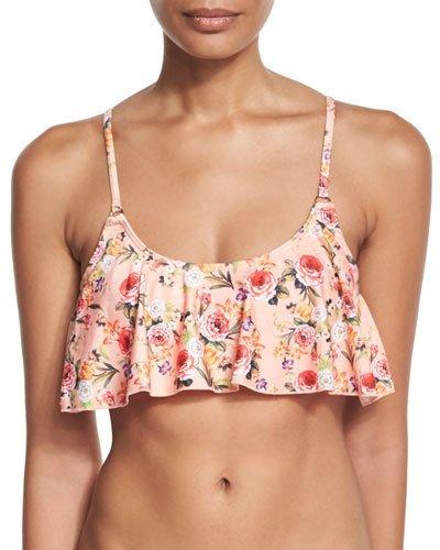 Floral-print Flounce Swim Top, Peach/pink