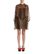 Leopard Tie-neck Blouson-sleeve Keyhole Mini