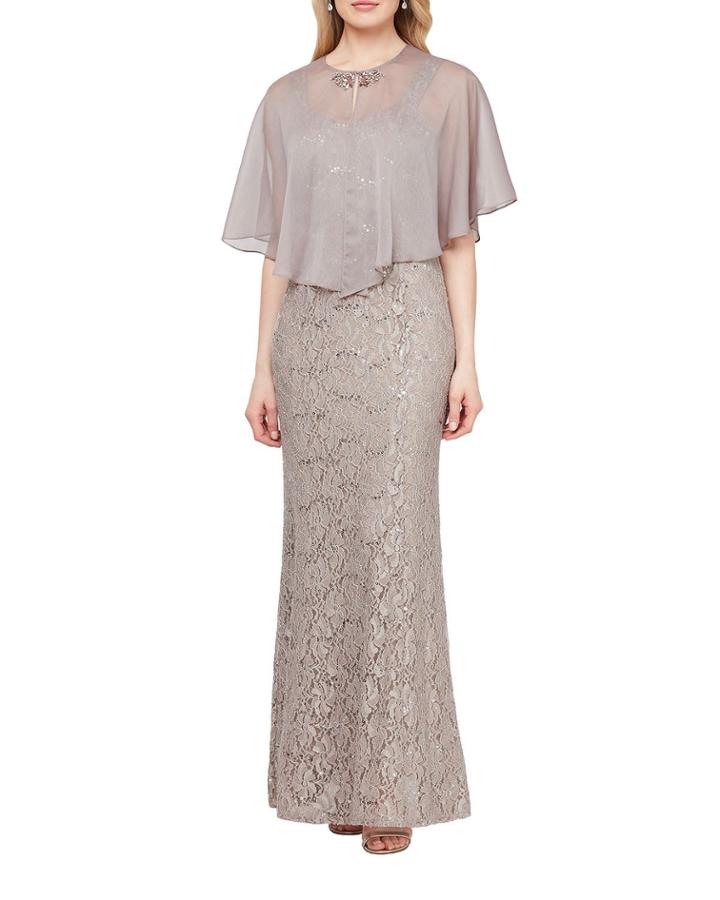 Sequin Lace Sleeveless Gown With Removable Cape