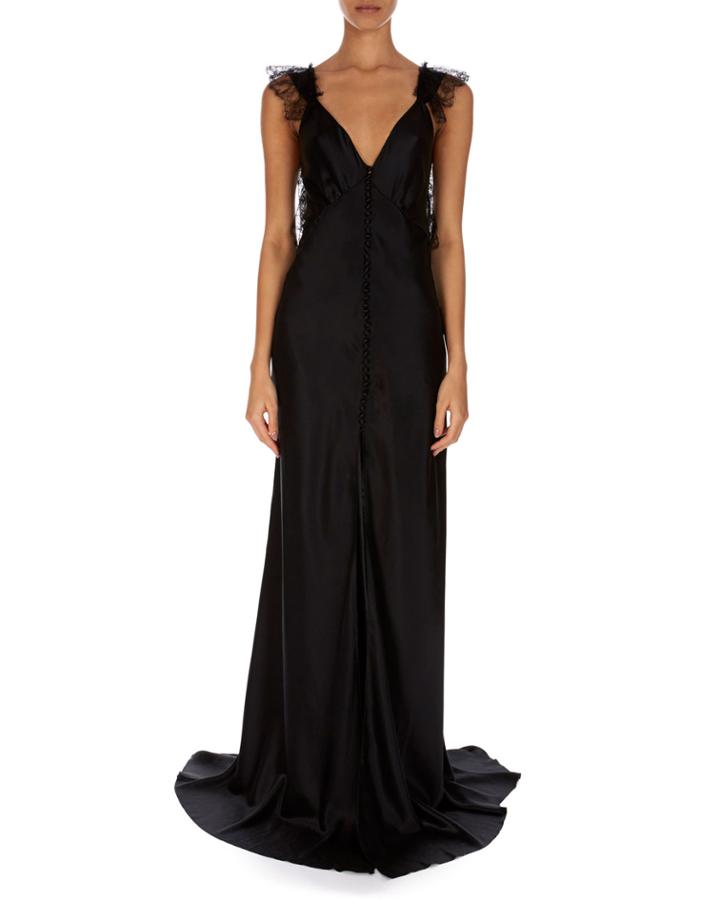 V-neck Sleeveless A-line Silk Evening Gown W/ Covered Buttons