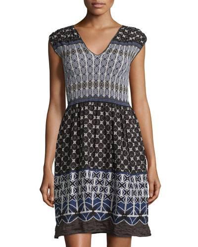Jacquard Smocked-bodice Dress, Black/chambray