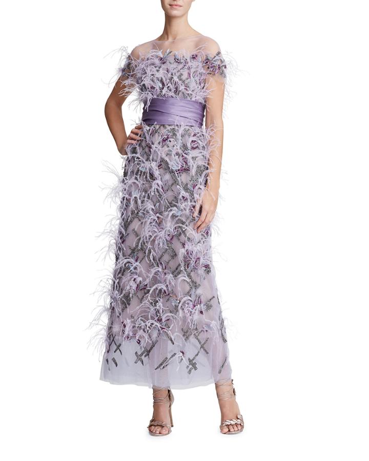 Short-sleeve Feather-trim Tulle Illusion