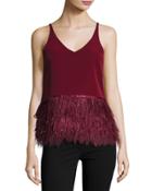 Leeveless Ponte Feather-hem Top, Black