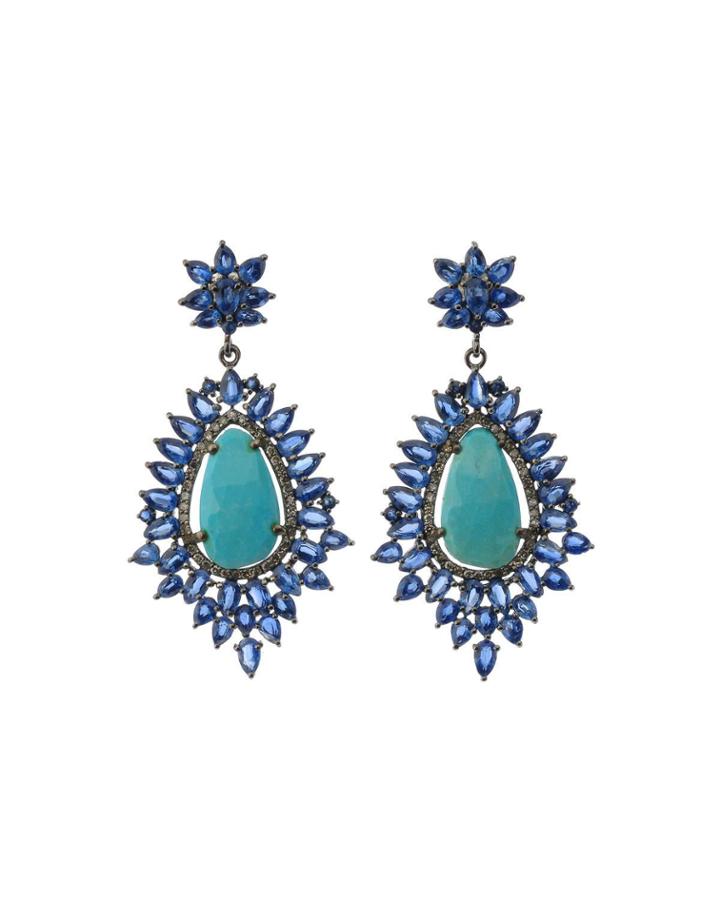 Black Silver Drop Earrings With Turquoise, Blue Kyanite & Diamonds