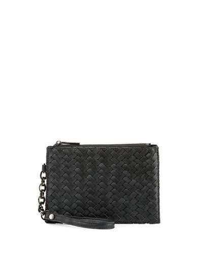 Woven Zip-top Faux-leather Wristlet, Dark Charcoal