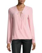 Crepe Lace-up Long-sleeve Top, Pink