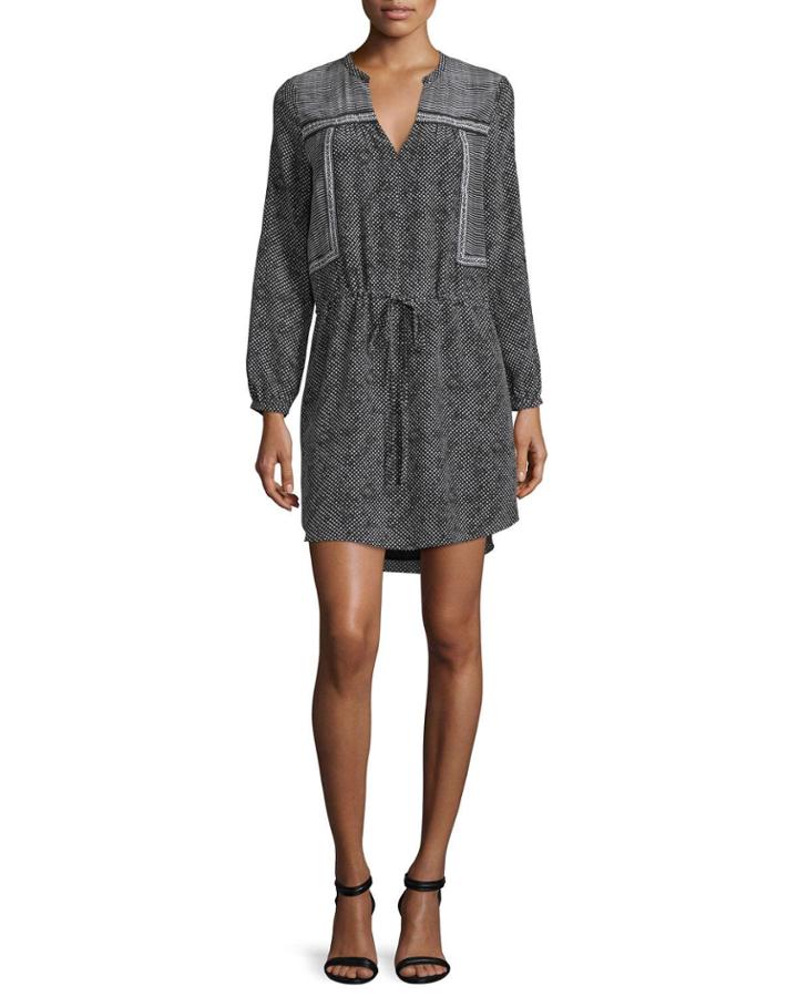 Long-sleeve Silk Patchwork Dress, Black/cream
